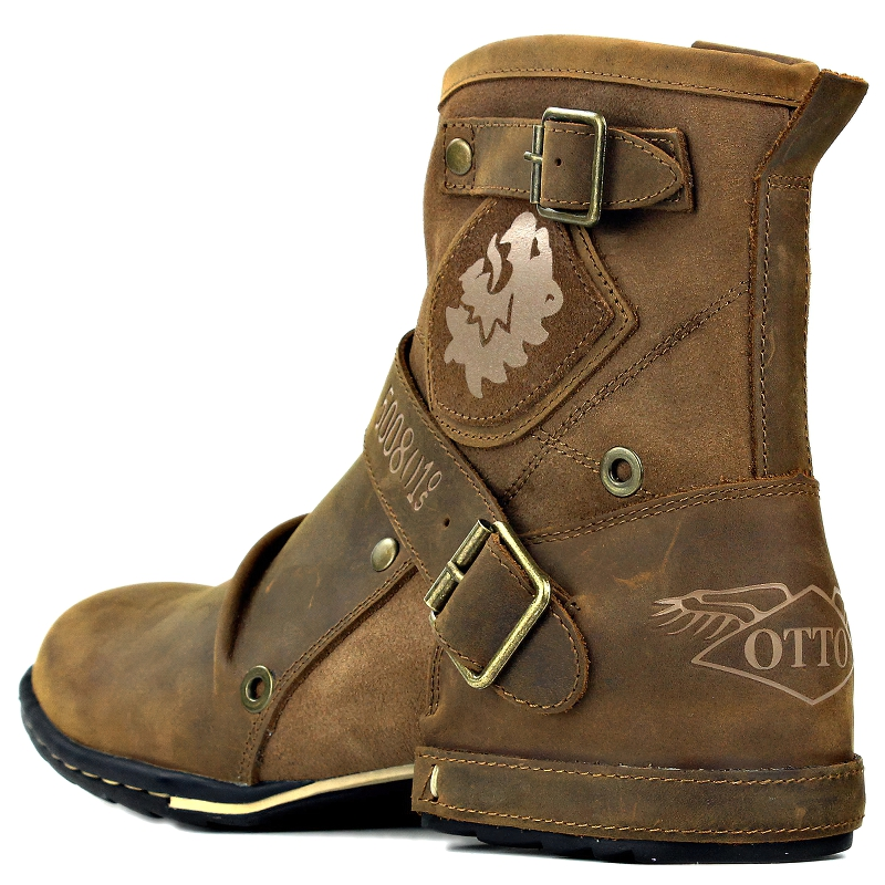 Stylish men's casual leather boots in rock style with straps and unique design, available in multiple colors.