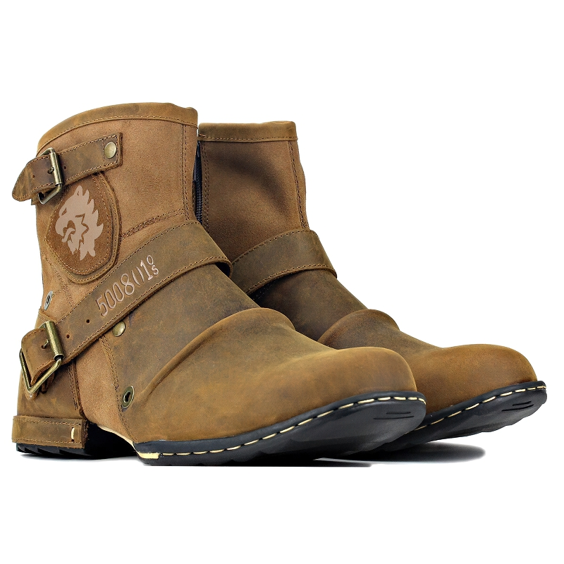 Stylish men's casual boots made of genuine leather with rock-style accents and straps.