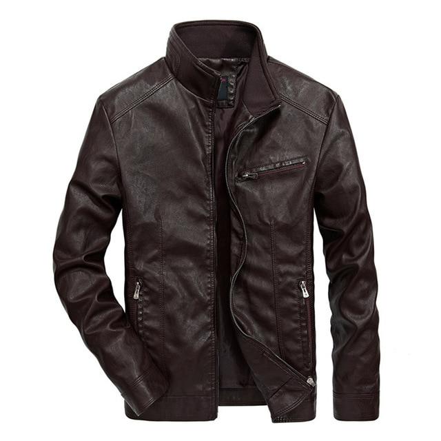 Men's casual brown leather motorcycle jacket with zippers and pockets for stylish biker outfits.