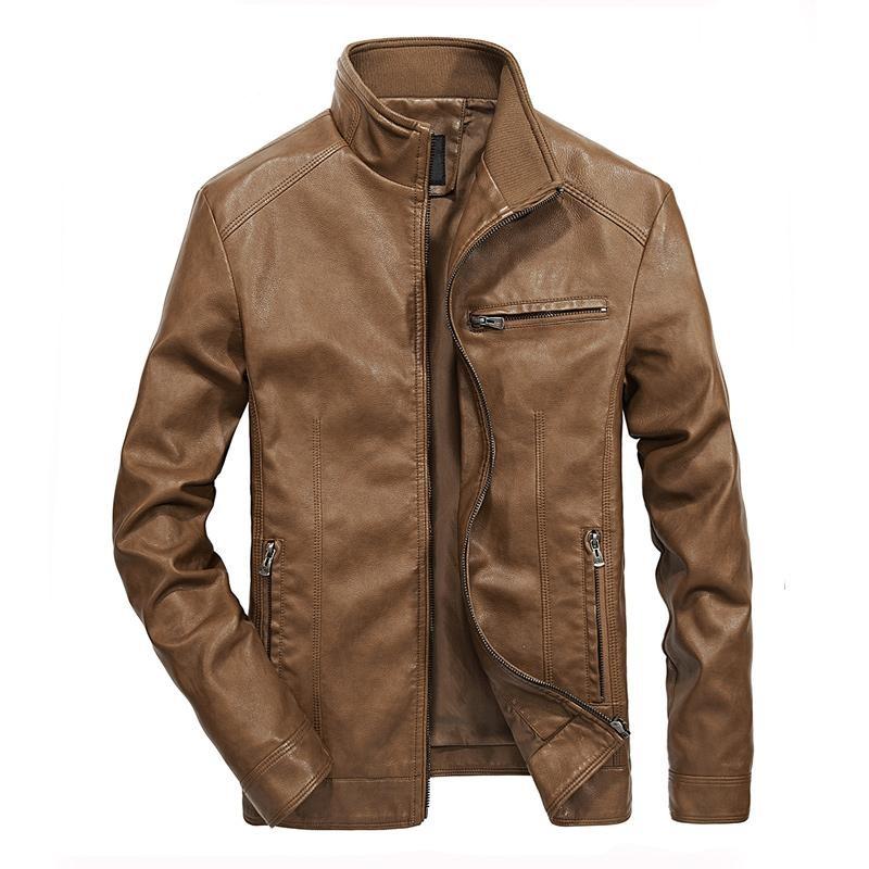 Stylish men's brown leather motorcycle jacket with zippers and pockets, perfect for casual and rock outfits.