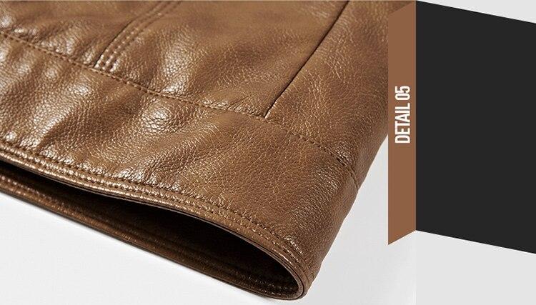 Detail shot of the stylish brown fabric of a men's casual biker leather jacket, showcasing texture and design.