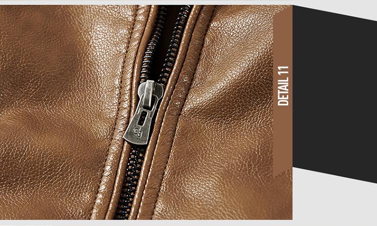Close-up of zipper detail on men's casual motorcycle leather jacket, showcasing quality craftsmanship.