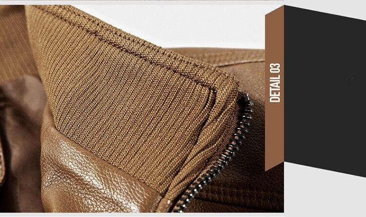 Close-up of the textured collar and zipper detail on a men's casual leather motorcycle jacket.