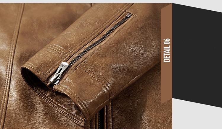 Close-up of a stylish men's biker jacket featuring a sleek zipper detail and rich brown texture for rock-inspired outfits.