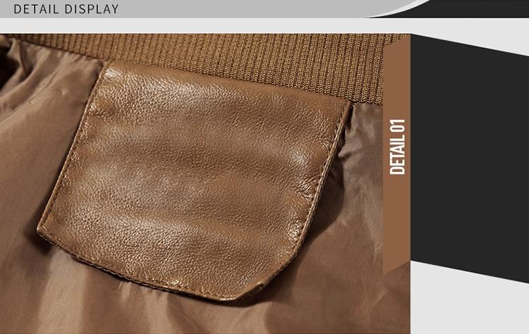 Close-up of the brown imitation leather patch on a men's casual motorcycle jacket, showcasing detailed design.