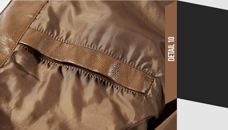 Close-up of men's casual biker jacket detail showcasing the supple imitation leather texture and elastic waistband.
