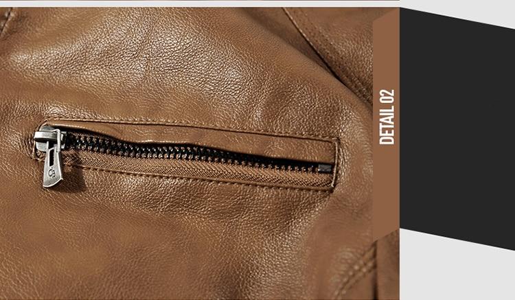 Close-up of zipper detail on men's casual biker leather jacket in brown imitation leather.