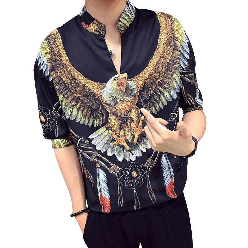 Men's casual short sleeve cotton shirt featuring a colorful eagle print and dreamcatcher design on a black background.
