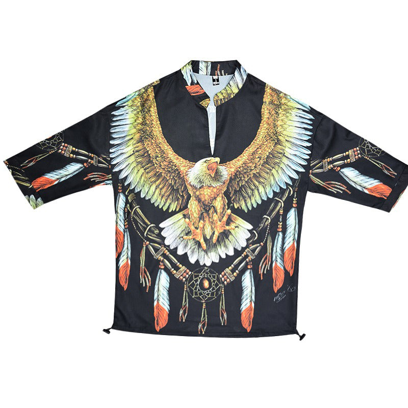 Men's casual slim-fit short sleeve shirt with colorful eagle and dreamcatcher print on a black background.