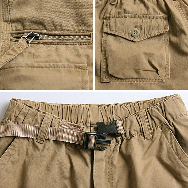 Close-up of men's cotton capri shorts, featuring multi pockets, zippers, and adjustable waistband for comfort and style.