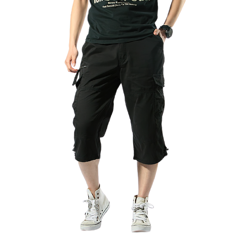 Men's black cotton capri shorts with multiple pockets, perfect for casual and military-inspired outfits.
