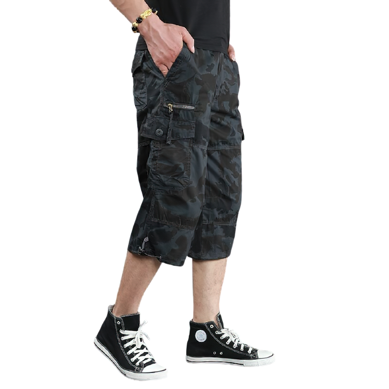 Men's cotton military camouflage capri shorts with multiple pockets, perfect for edgy and practical summer style.