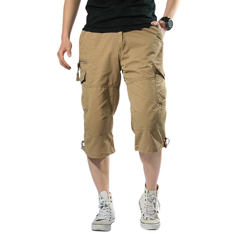 Men's cotton capri shorts in military style, featuring multiple pockets and a breathable fabric for comfort.