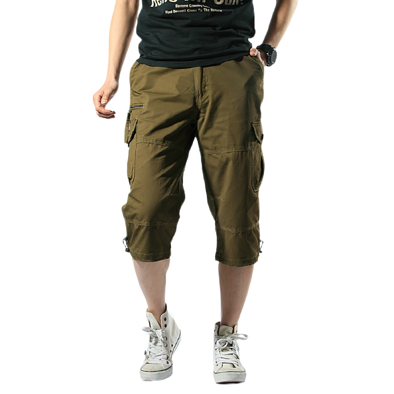 Men's cotton capri shorts in military camouflage with pockets, perfect for edgy casual outings and summer comfort.