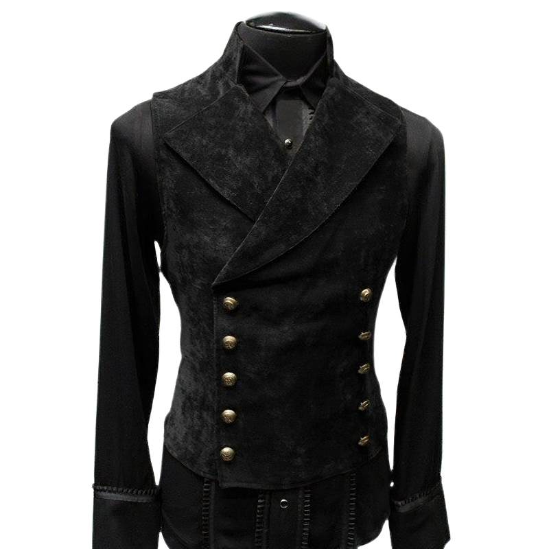 Men's elegant black suede suit vest with double-breasted buttons, stylish retro design for formal occasions.