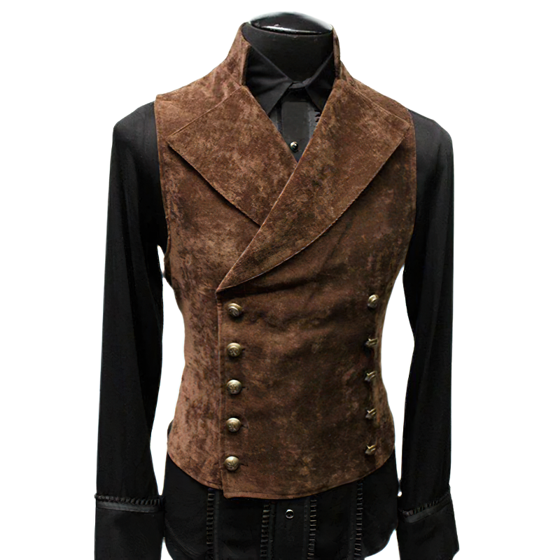 Men's elegant brown suede suit vest with a stylish fitted cut and double-breasted buttons for a formal look.