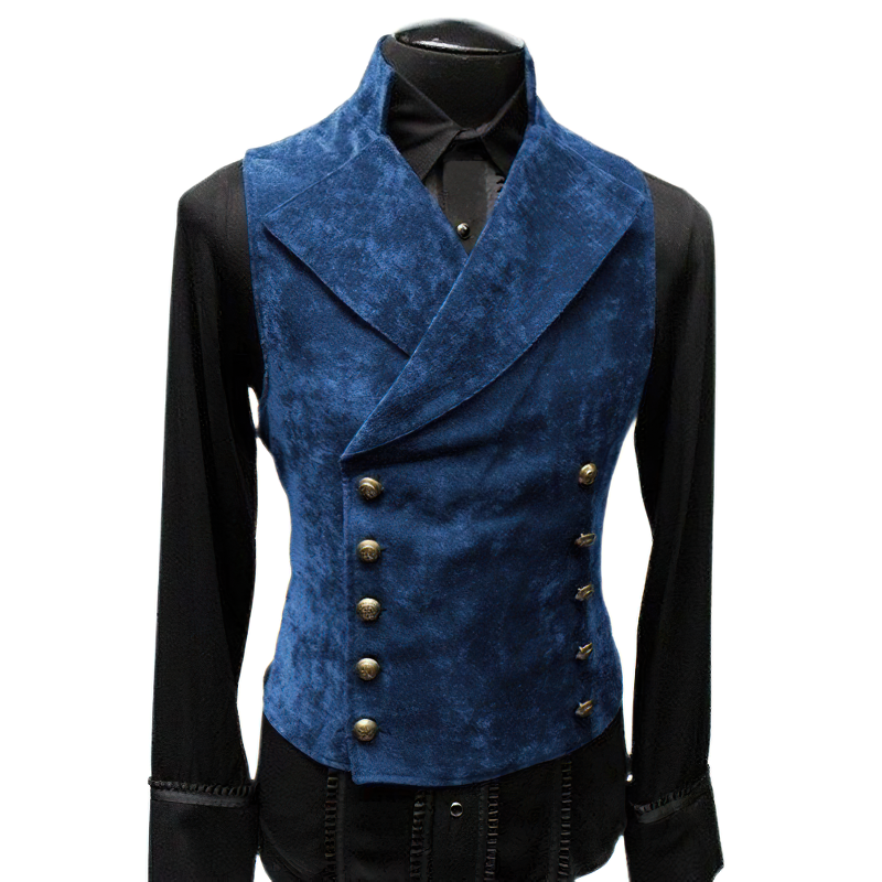 Elegant blue suede suit vest for men, featuring a slim fit and double-breasted design, ideal for formal occasions.
