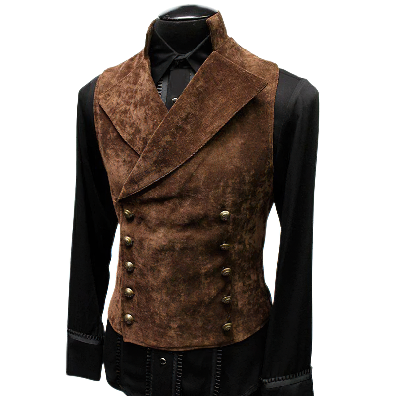 Elegant brown suede vest with double-breasted design and stylish collar, perfect for formal occasions or business wear.