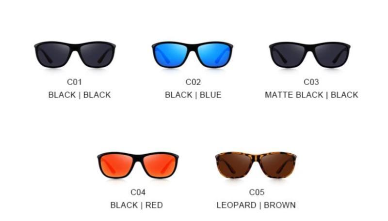 Various styles of men's HD polarized sunglasses in black, blue, matte black, red, and leopard patterns.
