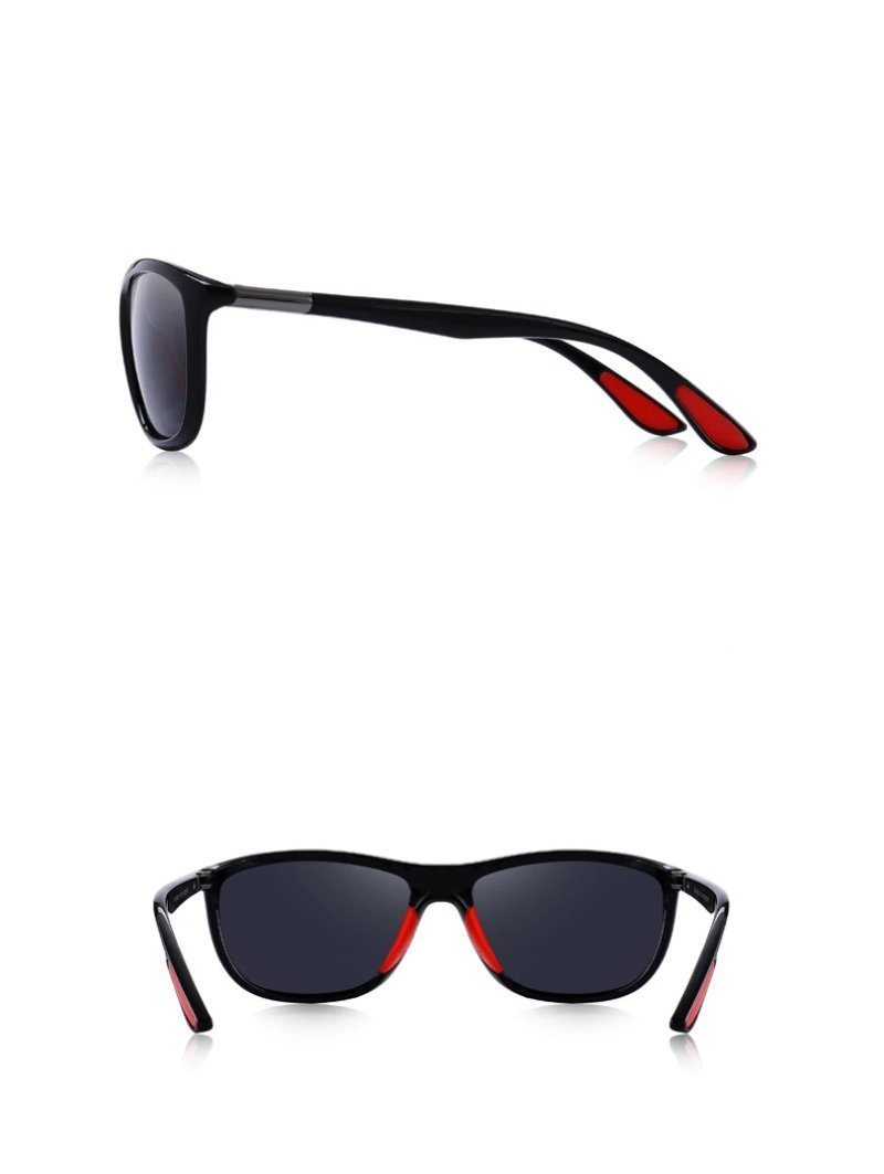 Men's HD polarized sunglasses with red accents, perfect for sports and fishing, offering UV400 protection.