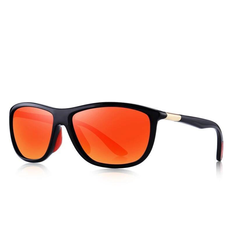 Men's HD polarized sunglasses with anti-reflective orange lenses for sports and fishing, UV400 protection, stylish design.