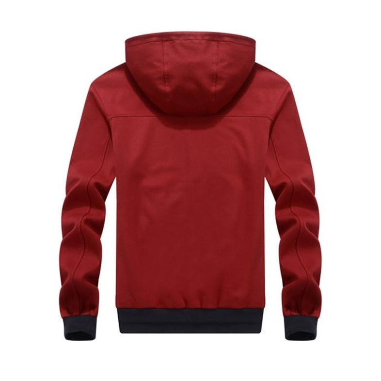 Back view of a red cotton zipper hoodie for men in rocker style, perfect for gothic and rave outfits.