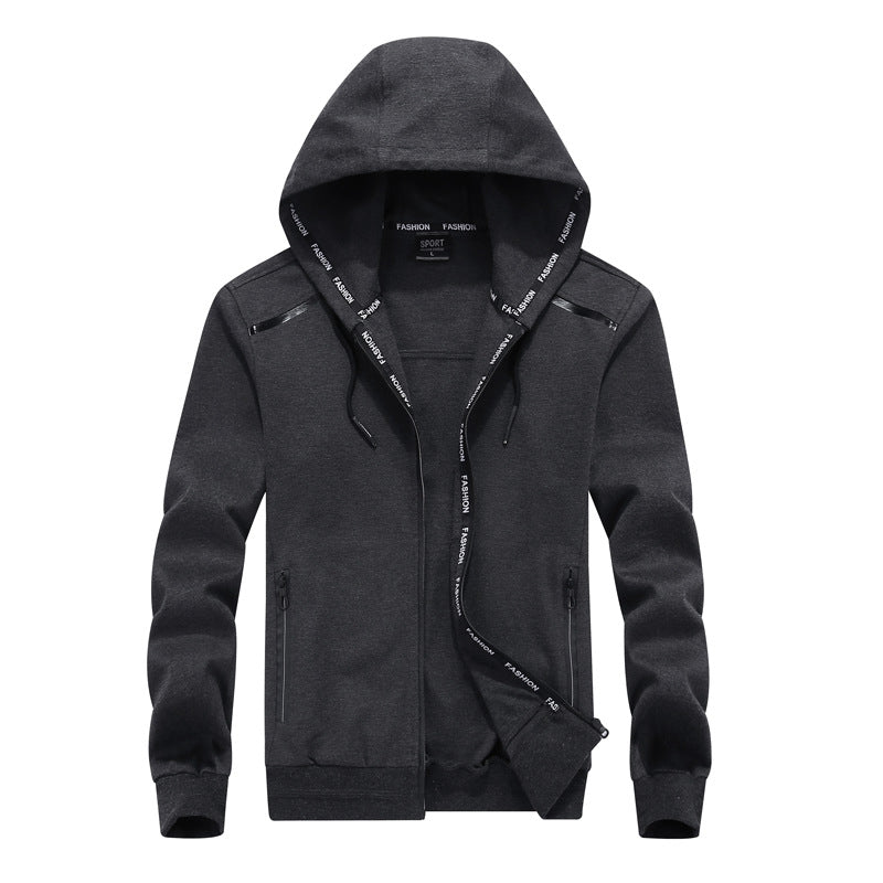 Men's gothic cotton zipper hoodie in dark grey, perfect for rocker style and rave outfits, featuring zip pockets and stylish inner hood.