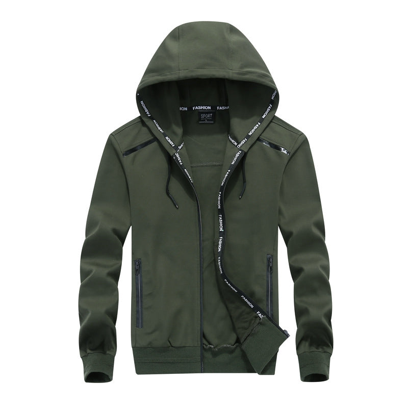 Men's army green cotton zipper hoodie with pockets, stylish rocker design for Rave outfits and everyday wear.
