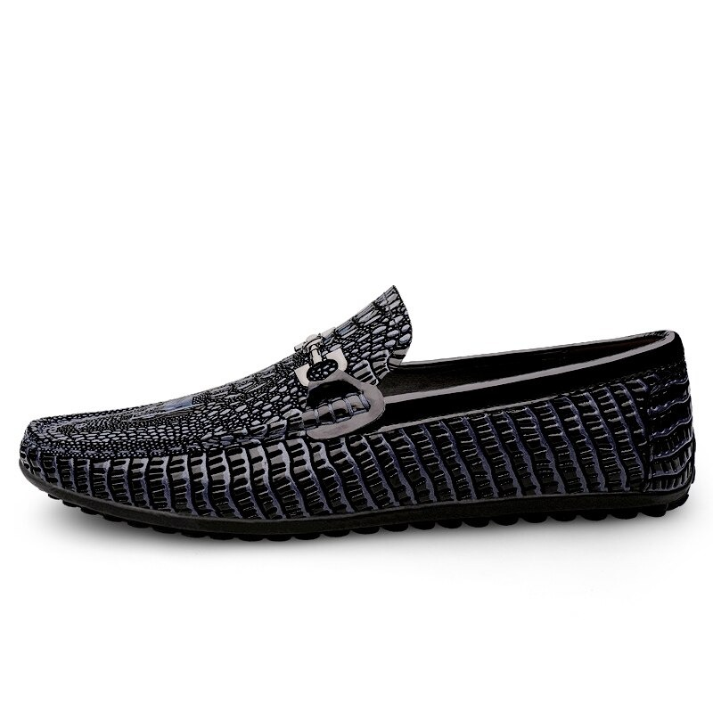 Men's black gothic loafers with textured leather, breathable design, and stylish buckle detail for versatile fashion.