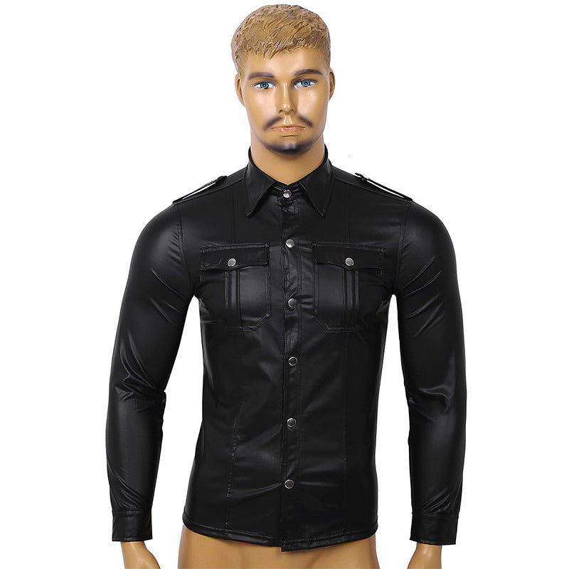 Men's long sleeve slim fit biker shirt in wet look patent leather, featuring button down and two front pockets.