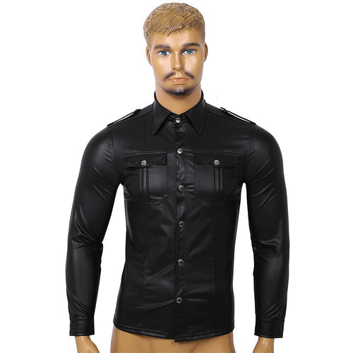 男性用長袖シャツ ボタンダウン / スリムフィット バイカーシャツ 光沢のある特許レザー風