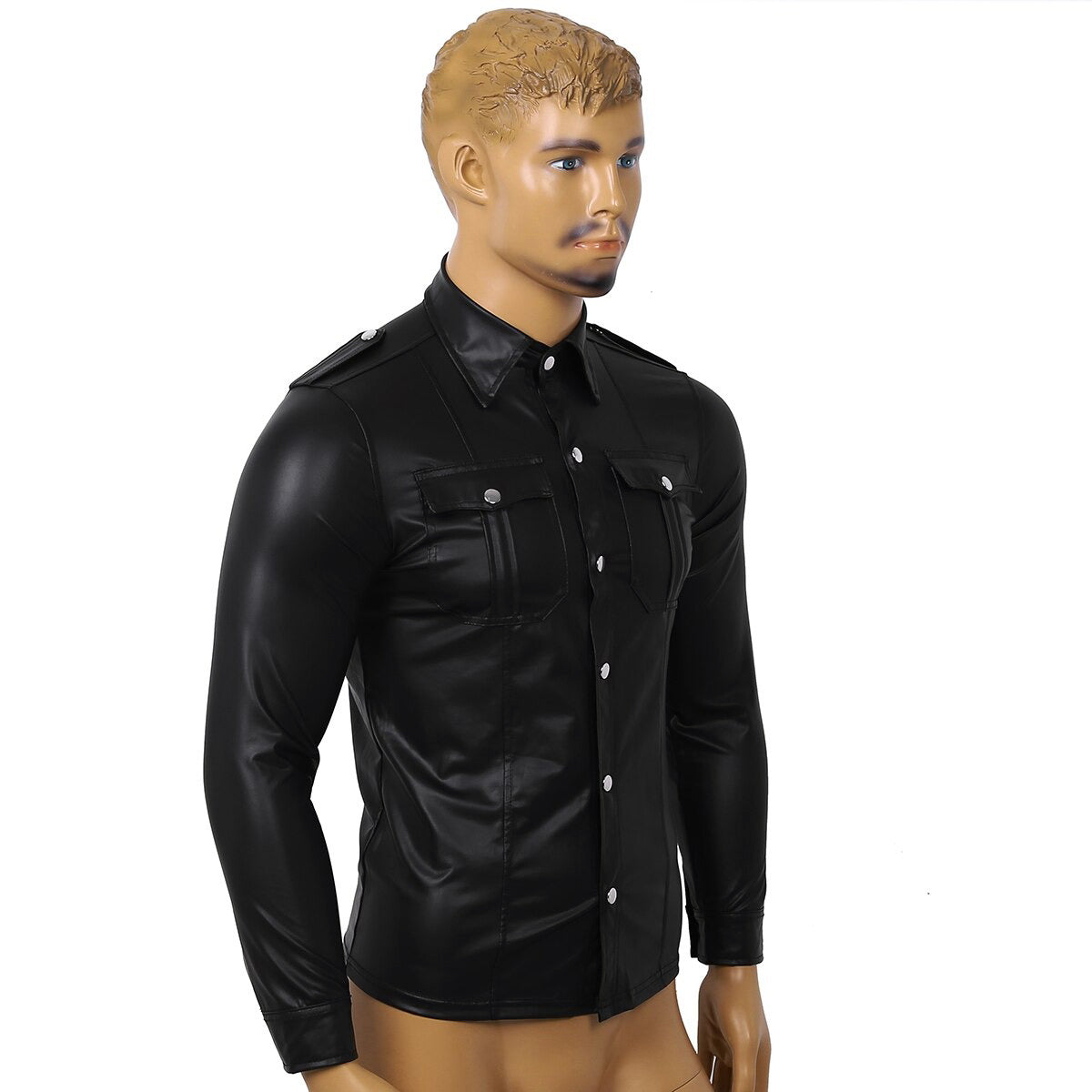 Men's long sleeve black patent leather shirt with buttons and pockets, stylish slim fit design.