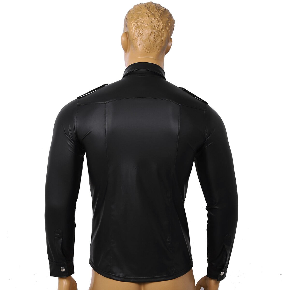 Back view of a men's slim fit long sleeve leather shirt in glossy black, showcasing its sleek design and button detail.