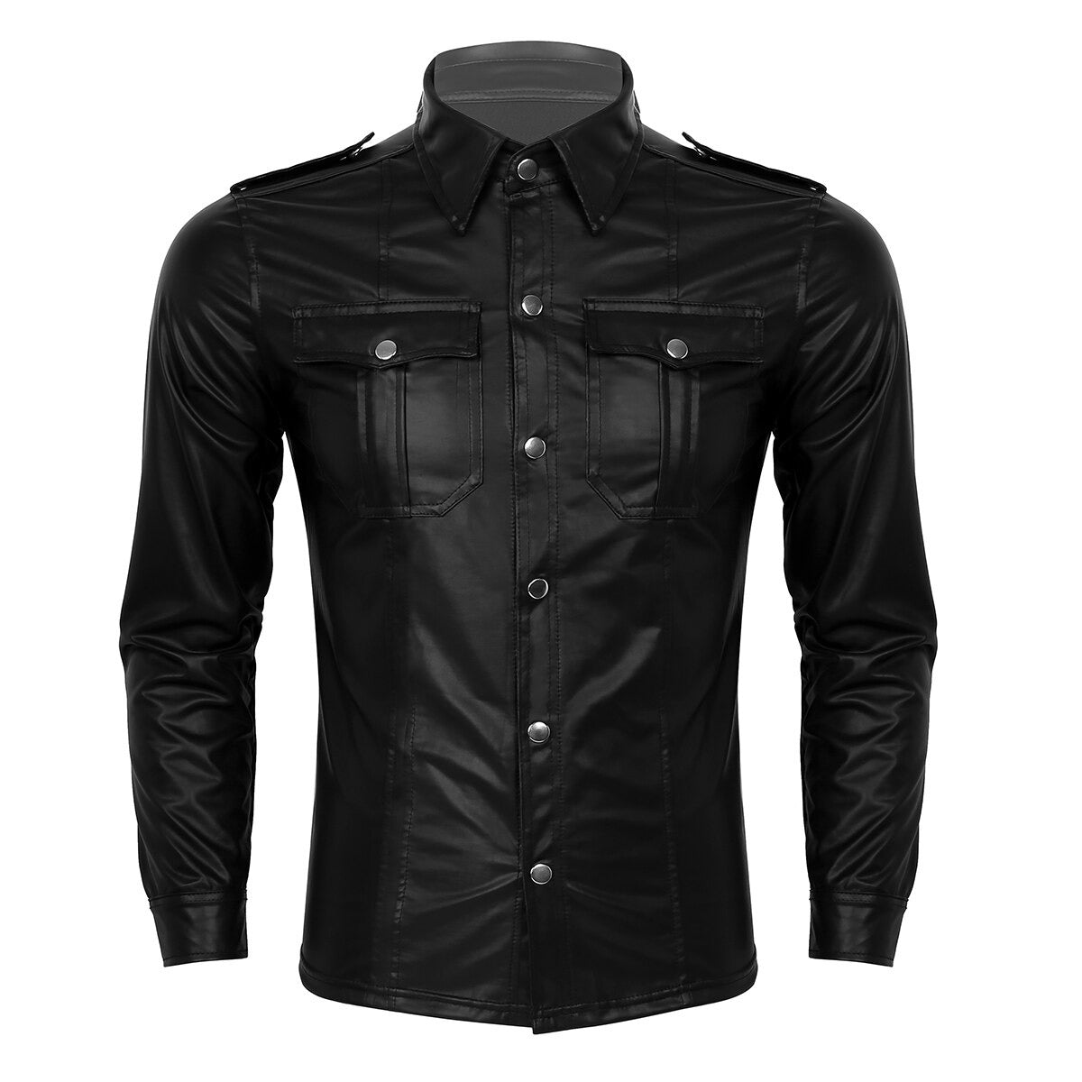 Men's slim fit black patent leather long sleeve shirt with button down and pockets, stylish biker attire.