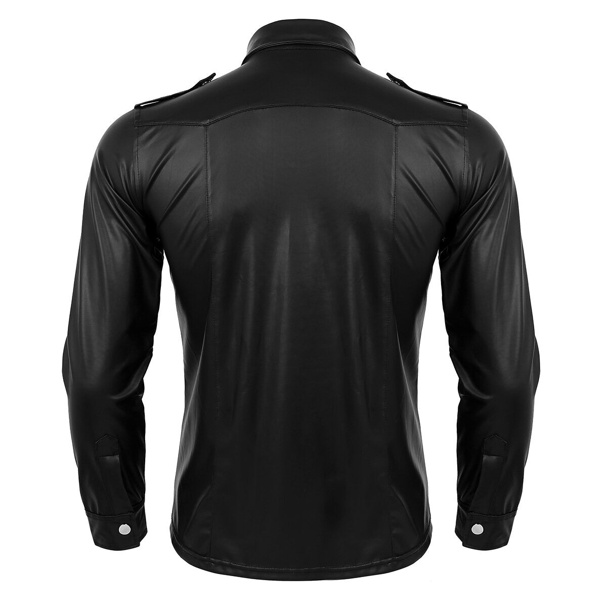 Back view of men's long sleeve slim fit biker shirt in sleek wet look patent leather.