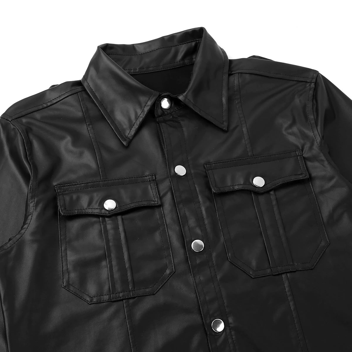 Sleek men’s long sleeve button-down shirt in glossy patent leather with pockets and a modern slim fit design.