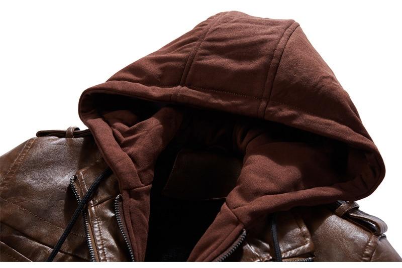Close-up of a men's brown leather motorcycle jacket featuring a cozy hood, ideal for a stylish biker look.