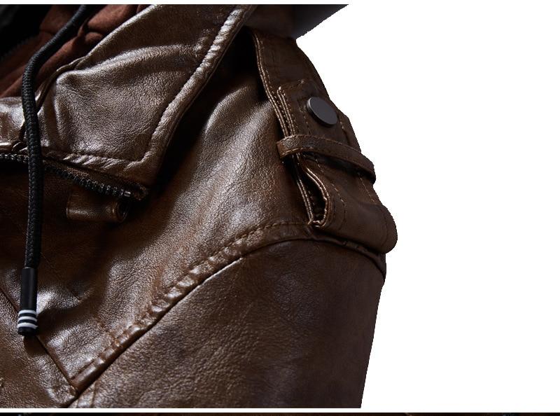 Close-up of a men's brown leather motorcycle jacket showing the zipper and hood details, ideal for stylish bikers.