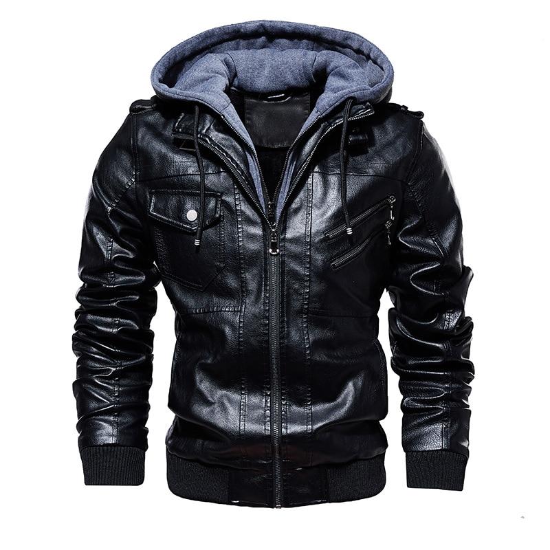 Men's black leather hooded biker jacket featuring zippers, perfect for stylish motorcycle rides and alternative outfits.