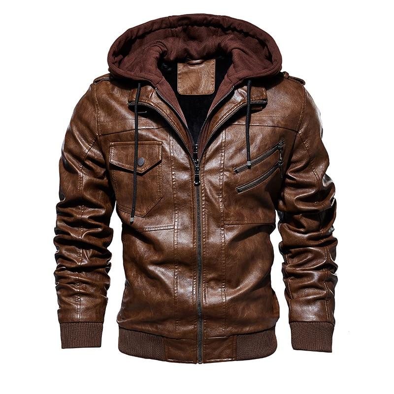 Men's brown motorcycle leather jacket with hood, featuring zippers and stylish design, perfect for trendy bikers.