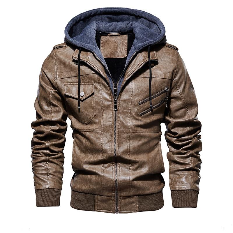 Men's hooded motorcycle leather jacket in brown with zippers, perfect for stylish and alternative outfits.