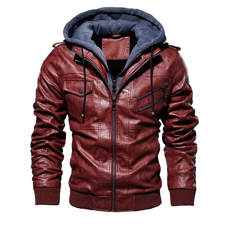 Stylish men's motorcycle leather jacket with hood, featuring zippers and a sleek design for bikers.