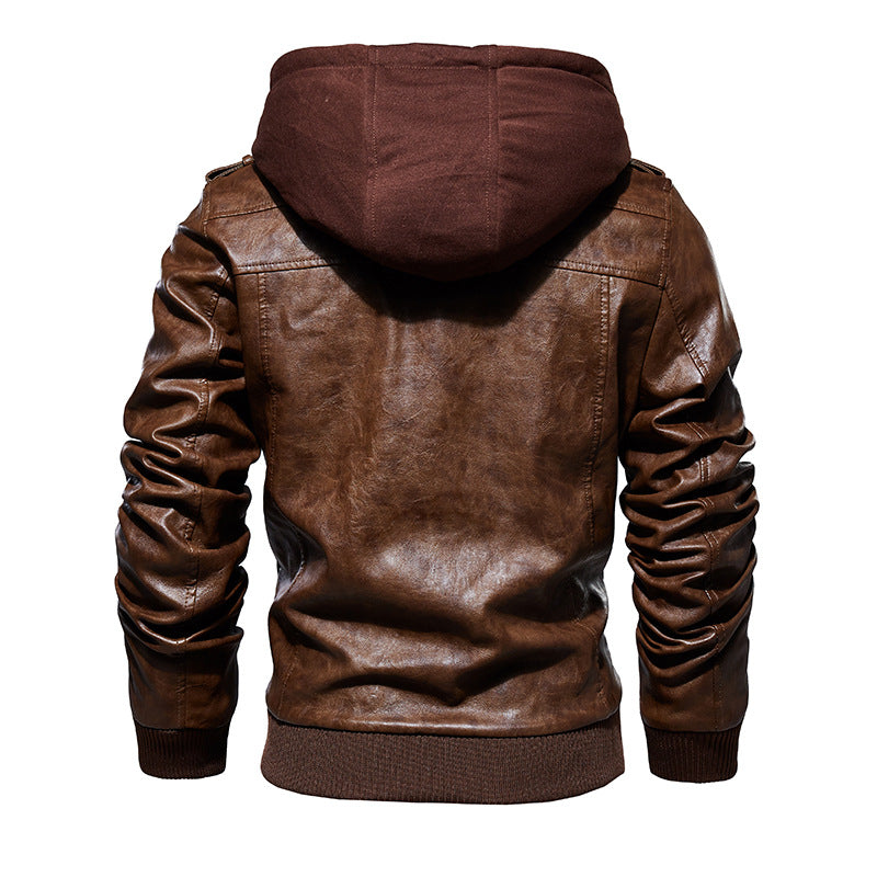 Men's brown leather hooded motorcycle jacket, featuring zippers and a stylish design for bikers and alternative fashion.