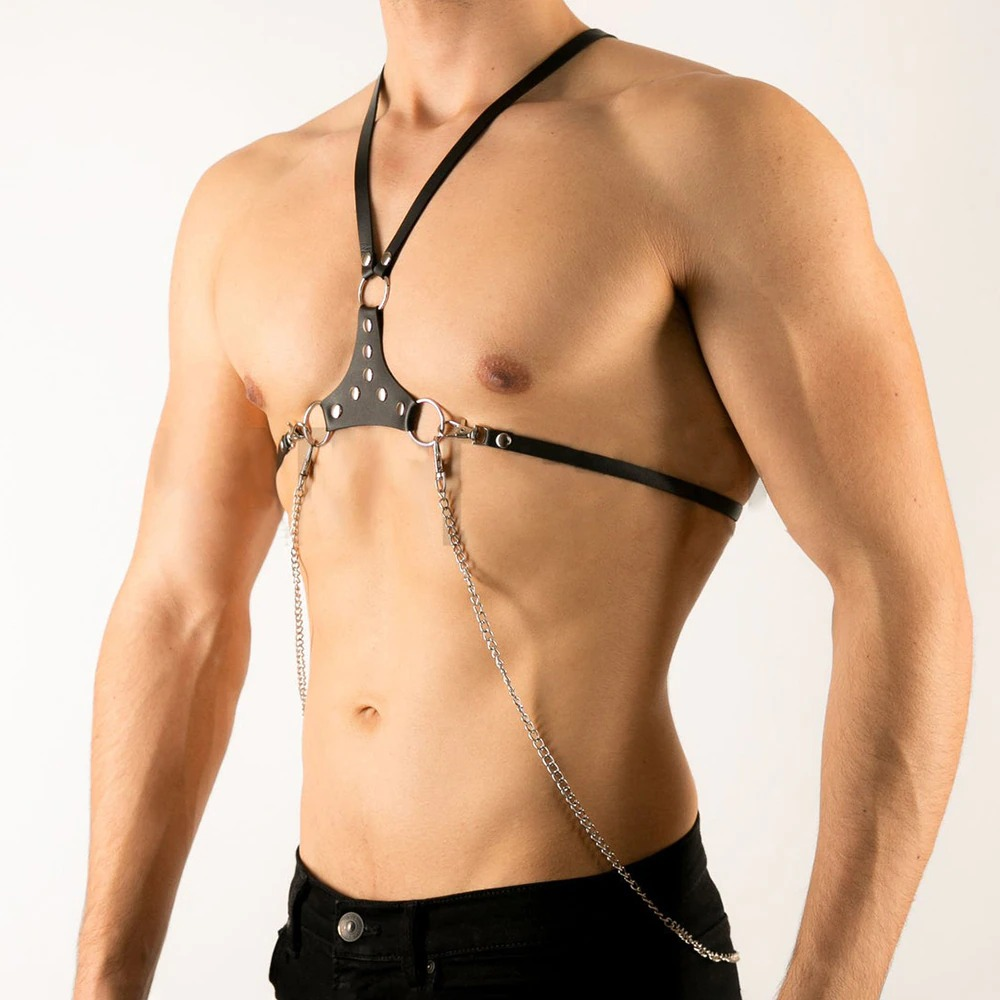 Men PU Leather Adjustable Harness / Chest Belt with Chain / Exotic Accessories - HARD'N'HEAVY