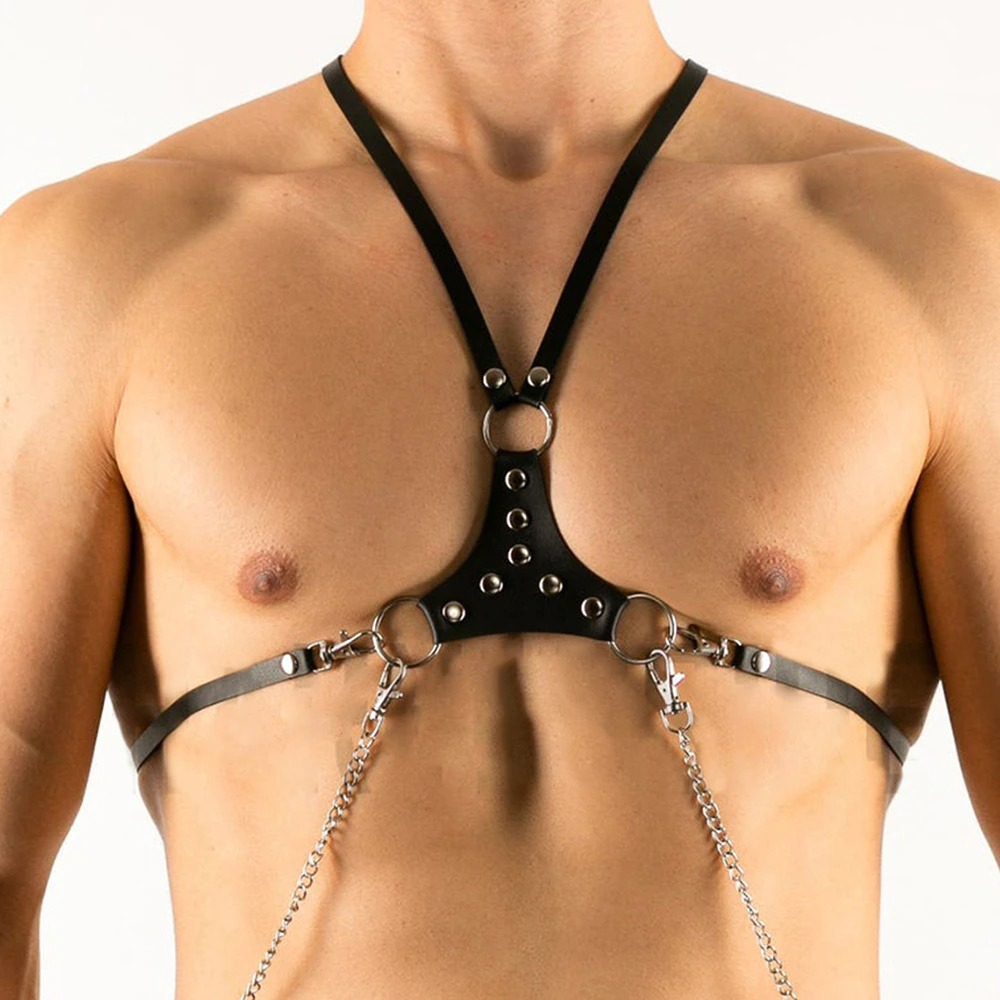 Men's black PU leather adjustable harness with silver chains, perfect punk accessory for rebellious outfits.