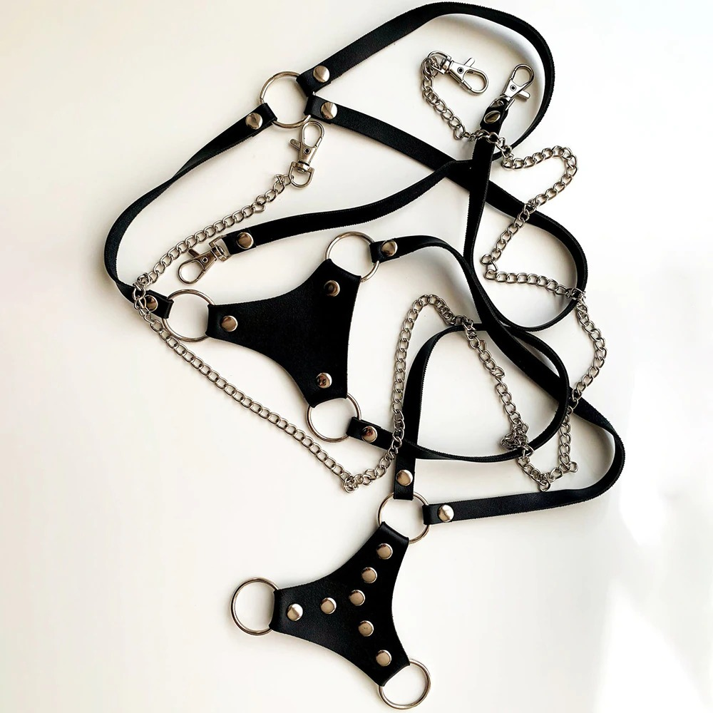 Men's PU leather adjustable chest harness with silver chains and fittings, perfect for punk style outfits.