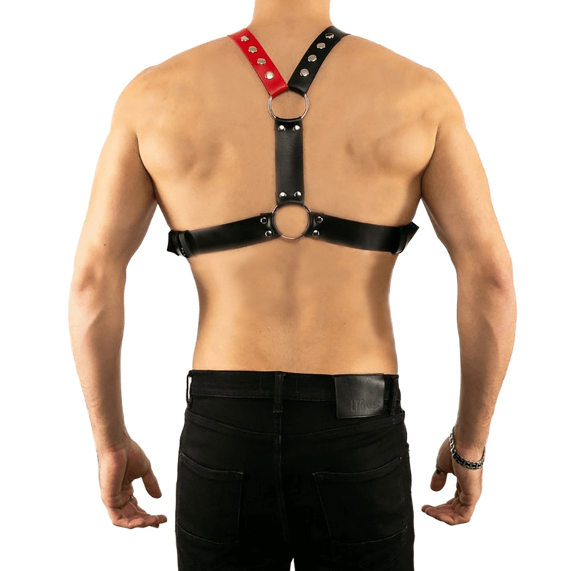 Men's adjustable chest harness in black and red, providing a stylish punk look. Perfect for enhancing your bodywear collection.