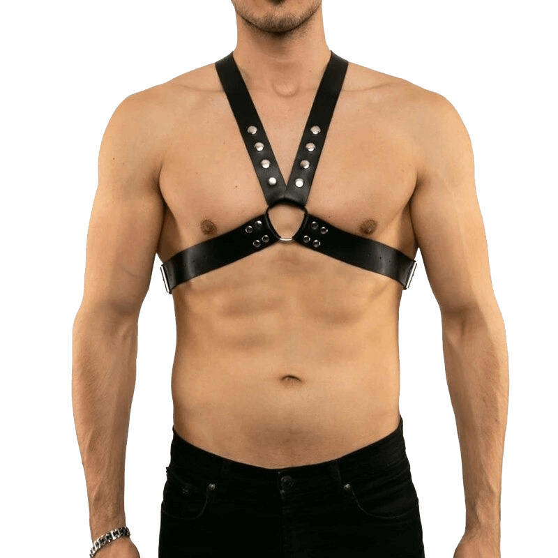 Men's adjustable black chest harness with rivets, showcasing a punk style and erotic design, perfect for bold fashion statements.
