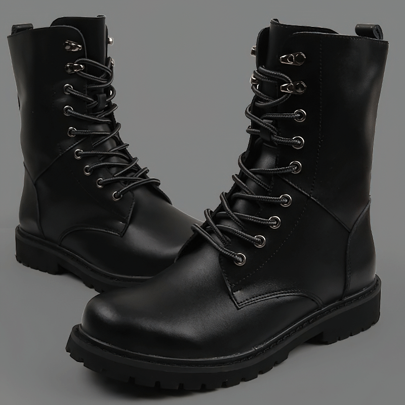 Men's Black Combat Boots / Lace-up Mid-calf Moto Boots / Leather Tactical Footwear