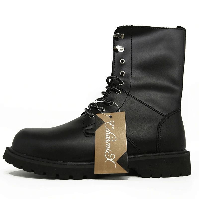 Men's black combat boots, lace-up mid-calf moto style, durable leather tactical footwear, perfect for casual wear.